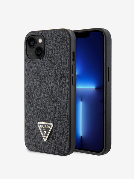 Guess Guess PU 4G štrasový zadný kryt s kovovým logom pre iPhone 15 čierny