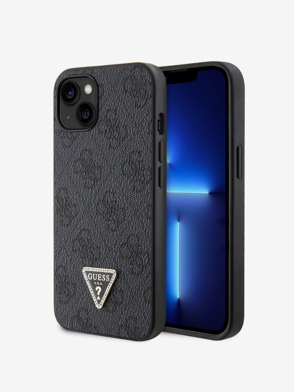 Guess Guess PU 4G štrasový zadný kryt s kovovým logom pre iPhone 15 čierny