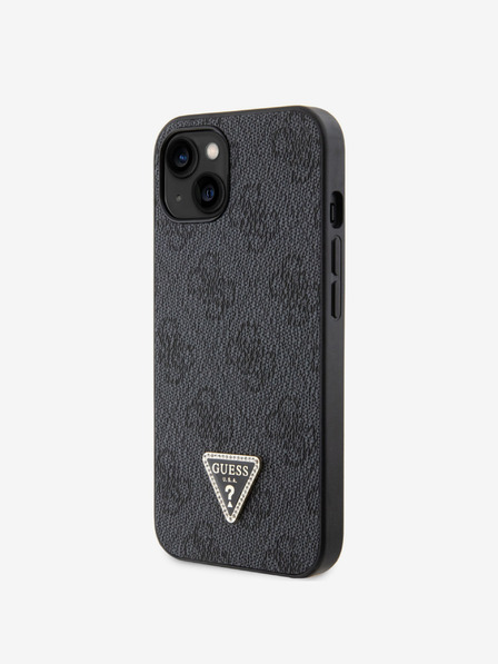 Guess Guess PU 4G štrasový zadný kryt s kovovým logom pre iPhone 15 čierny