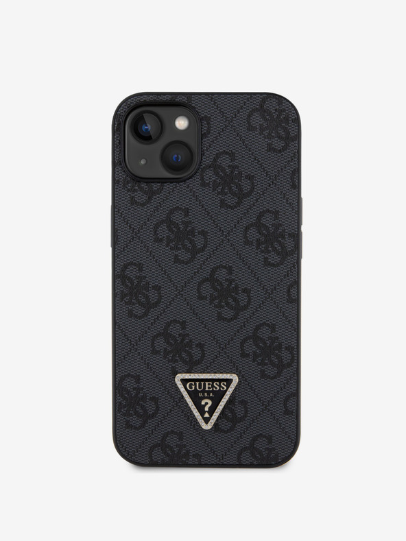 Guess Guess PU 4G štrasový zadný kryt s kovovým logom pre iPhone 15 čierny