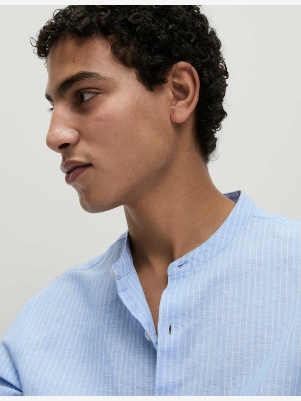 Marks & Spencer Pruhovaná košeľa bez goliera, vysoká plátená Marks & Spencer modrá