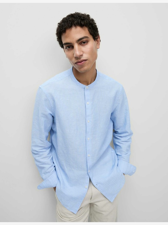 Marks & Spencer Pruhovaná košeľa bez goliera, vysoká plátená Marks & Spencer modrá