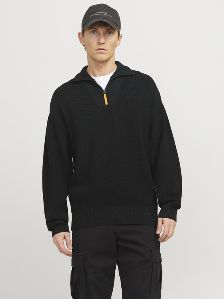 Jack & Jones Čierny pánsky sveter Jack & Jones Outdoor Zip Sweater