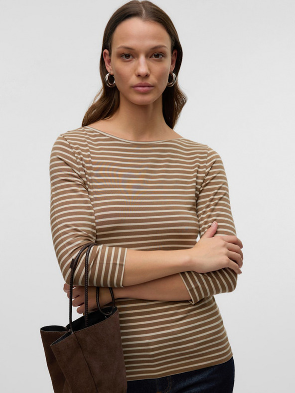 AWARE by VERO MODA Hnedé dámske pruhované tričko AWARE by VERO MODA Fiona