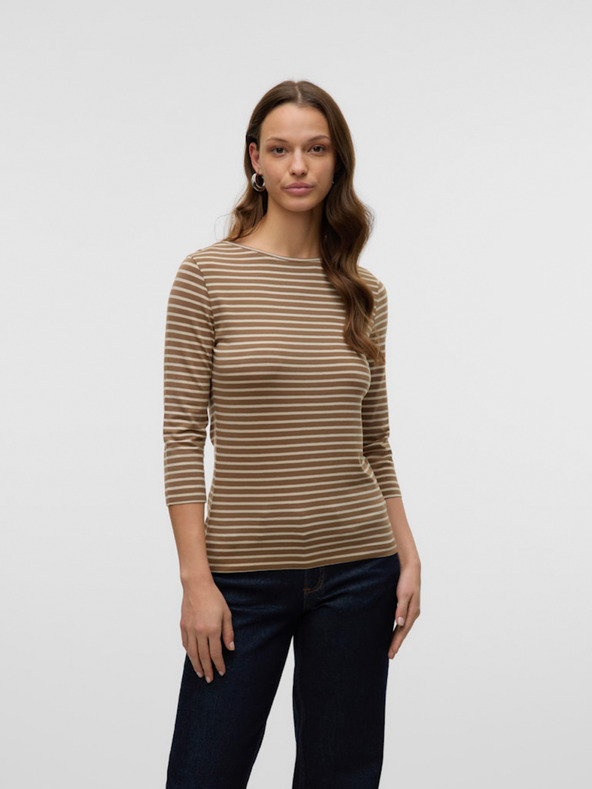 AWARE by VERO MODA Hnedé dámske pruhované tričko AWARE by VERO MODA Fiona