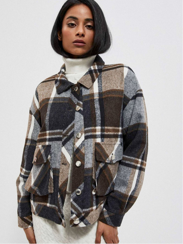 Moodo Moodo Šedá a hnedá dámska kockovaná košeľová bunda