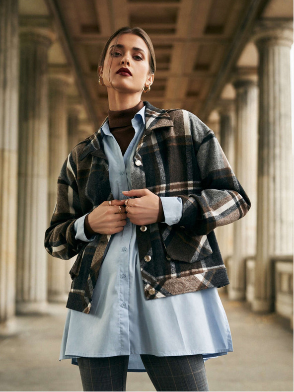 Moodo Moodo Šedá a hnedá dámska kockovaná košeľová bunda