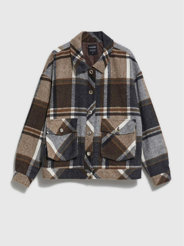 Moodo Moodo Šedá a hnedá dámska kockovaná košeľová bunda