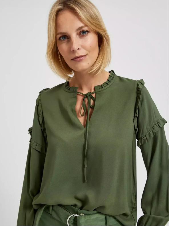 Moodo Khaki blúzka s volánmi na rukávoch Moodo