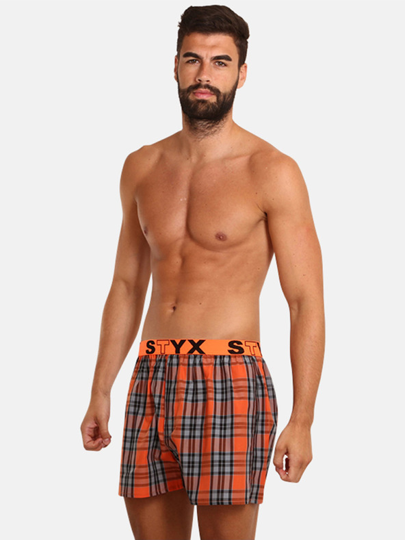Styx Šedé a oranžové pánske kockované šortky Styx