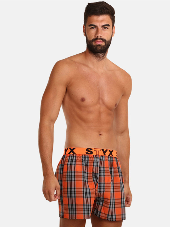 Styx Šedé a oranžové pánske kockované šortky Styx