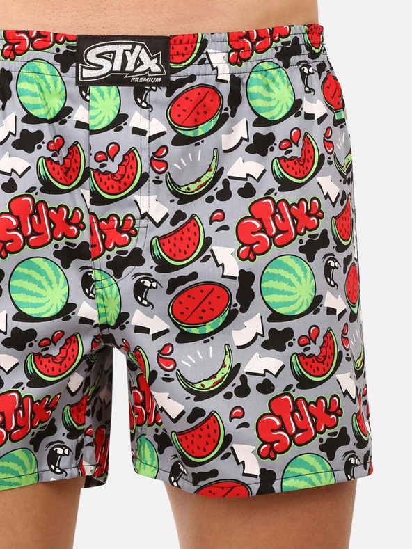 Styx Šedé a červené pánske vzorované šortky Styx premium art Melons