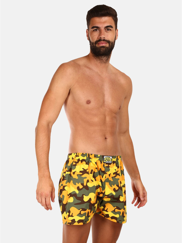 Styx Súprava troch pánskych vzorovaných šortiek na spanie v modrej, žltej a čiernej farbe Styx