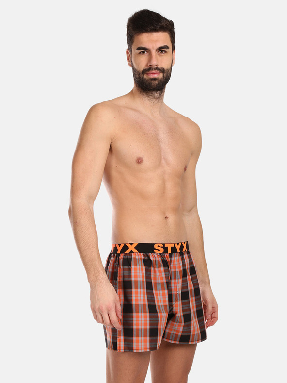 Styx Čierno-oranžové pánske kockované šortky Styx