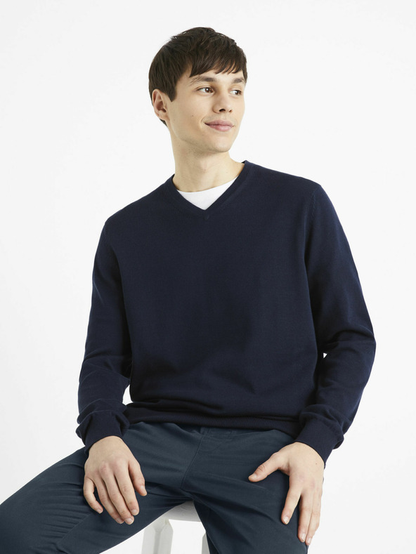 Celio Tmavomodrý pánsky základný sveter Celio Decotonv