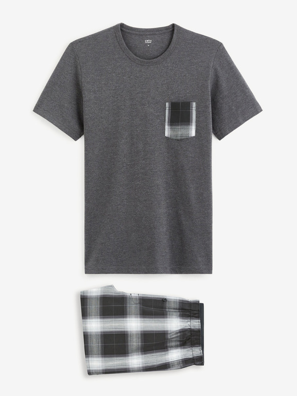 Celio Šedé pánske kockované krátke pyžamo Celio Gipyshort2