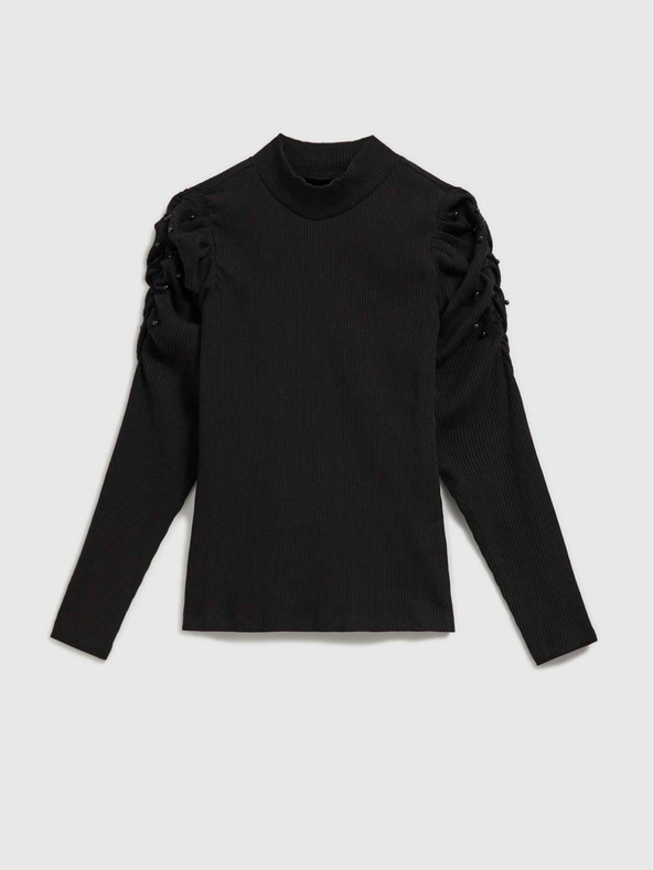 Moodo Čierna dámska rebrovaná blúzka s puzdrovými rukávmi a rolákom Moodo