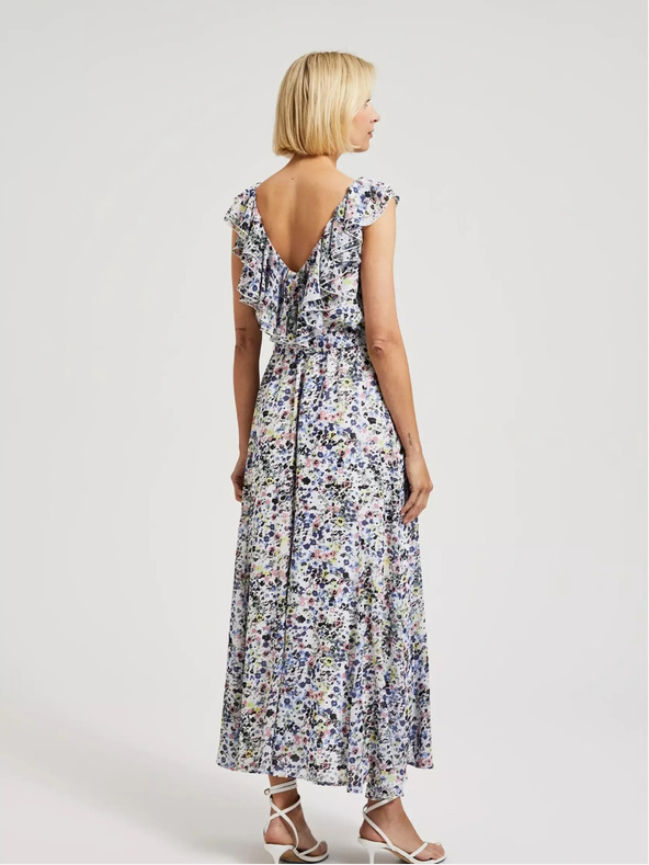 Moodo Modré kvetinové šaty s volánom na výstrihu Moodo