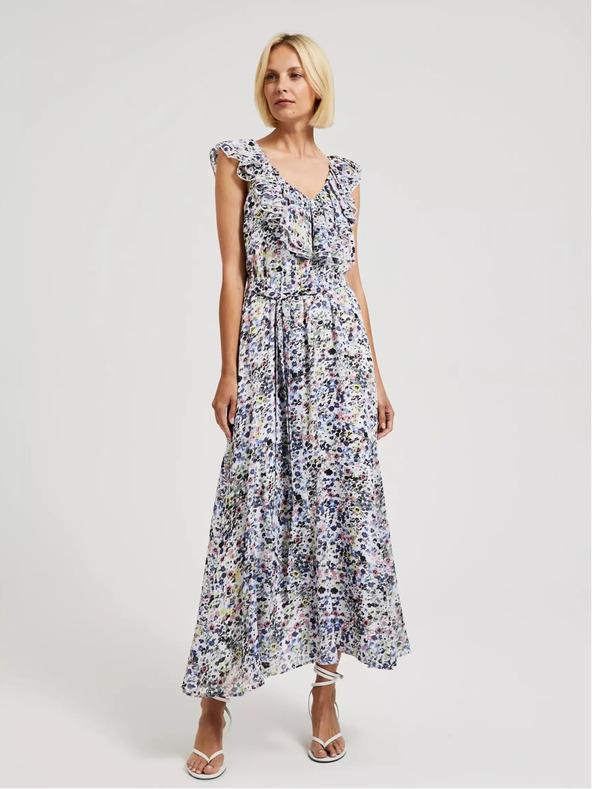 Moodo Modré kvetinové šaty s volánom na výstrihu Moodo