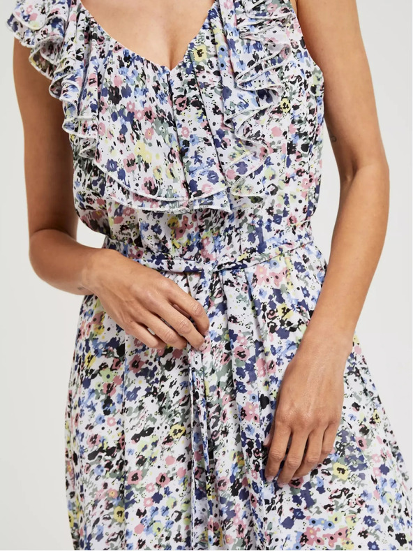 Moodo Modré kvetinové šaty s volánom na výstrihu Moodo