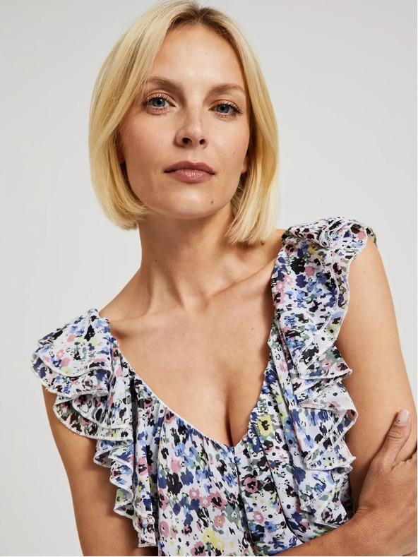 Moodo Modré kvetinové šaty s volánom na výstrihu Moodo