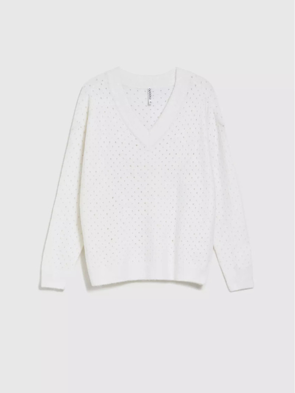 Moodo Biely ažurový sveter s výstrihom do V Moodo