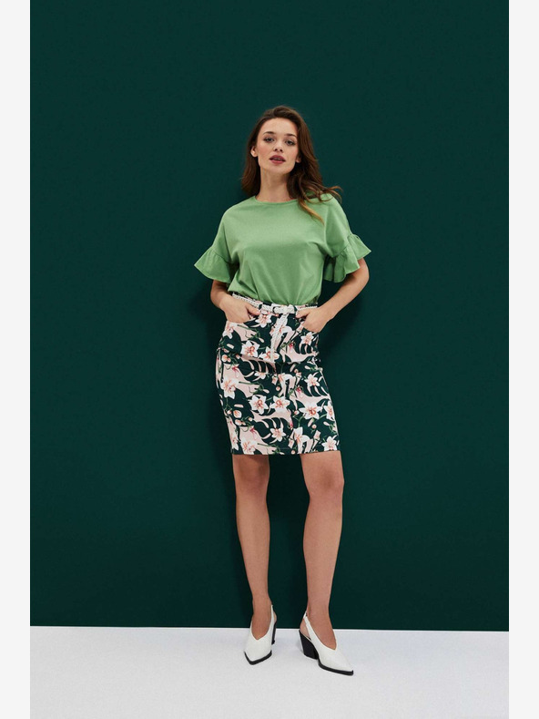 Moodo Béžová a zelená dámska kvetinová sukňa s opaskom Moodo