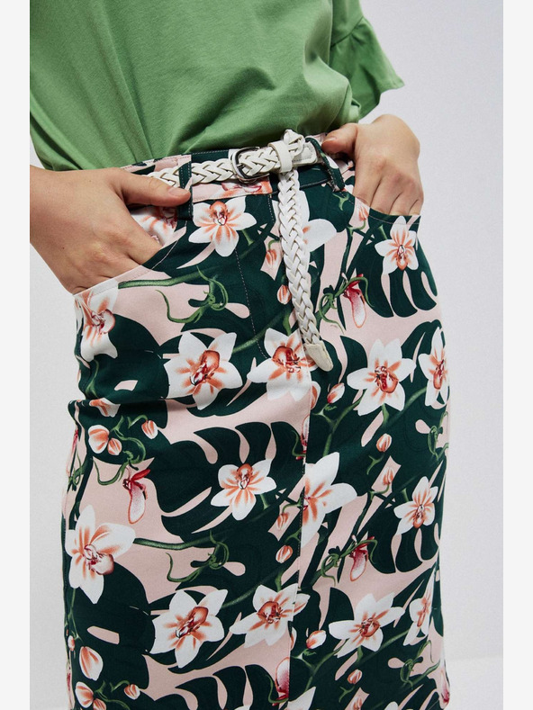 Moodo Béžová a zelená dámska kvetinová sukňa s opaskom Moodo