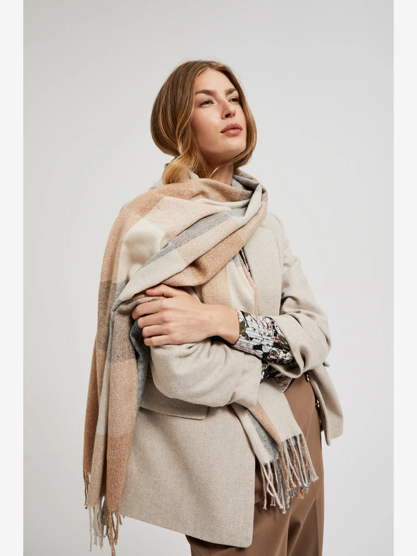 Moodo Moodo šedá a béžová dámska károvaná šatka