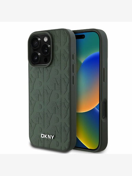 DKNY DKNY PU kožený zadný kryt Magsafe so vzorom mriežky pre iPhone 16 Pro Green