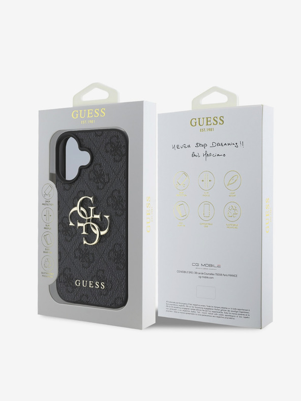 Guess Guess PU 4G Metal Logo Zadný kryt pre iPhone 16 sivý