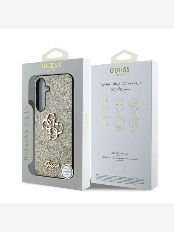 Guess Guess PU Pevný zadný kryt s kovovým logom 4G Glitter pre Samsung Galaxy S25 zlatý