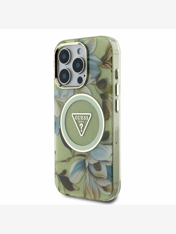 Guess Guess IML Glitter Magnolia and Triangle Logo MagSafe zadný kryt pre iPhone 16 Pro Green