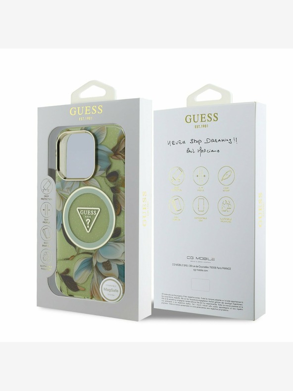 Guess Guess IML Glitter Magnolia and Triangle Logo MagSafe zadný kryt pre iPhone 16 Pro Green