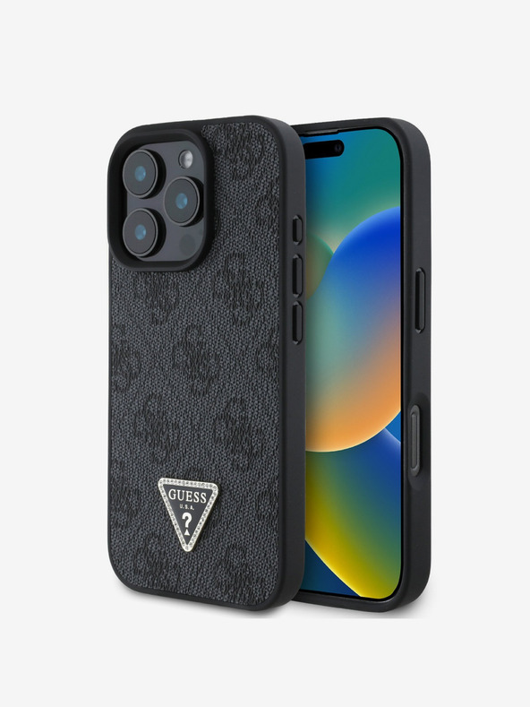 Guess PU 4G Strass Triangle Metal Logo Zadní Kryt pro iPhone 16 Pro Black Obal na telefón
