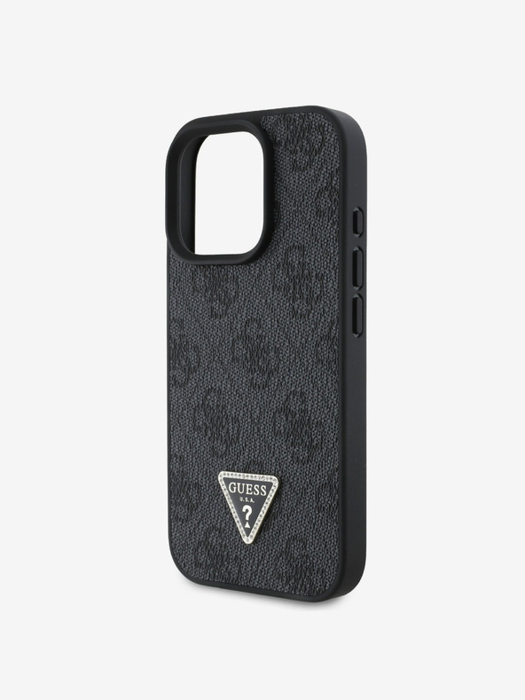 Guess PU 4G Strass Triangle Metal Logo Zadní Kryt pro iPhone 16 Pro Black Obal na telefón