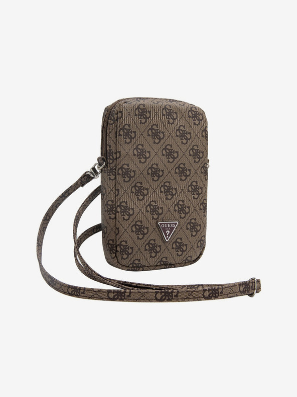 Guess Guess PU 4G taška na telefón s trojuholníkovým logom a zipsom hnedá