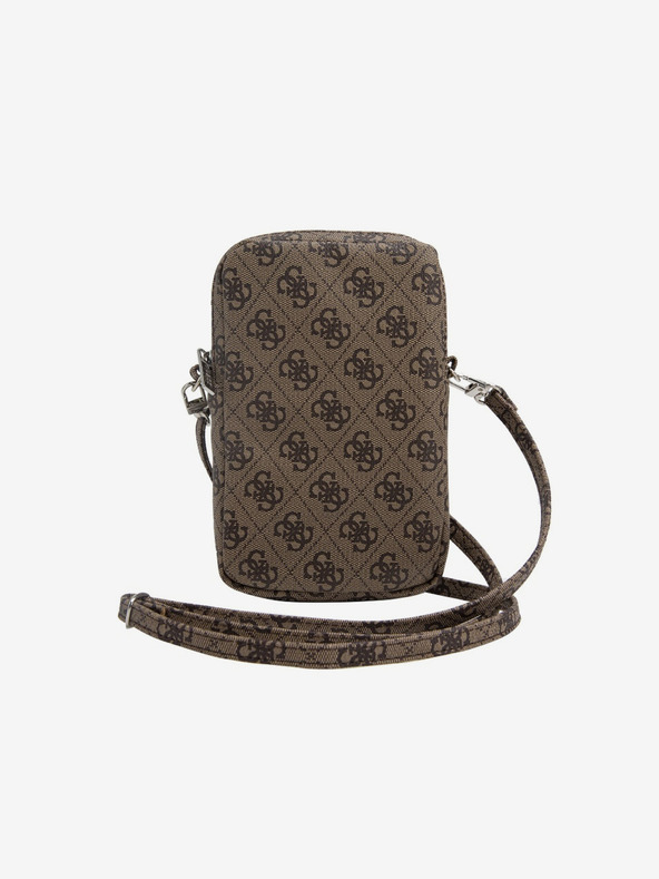 Guess Guess PU 4G taška na telefón s trojuholníkovým logom a zipsom hnedá