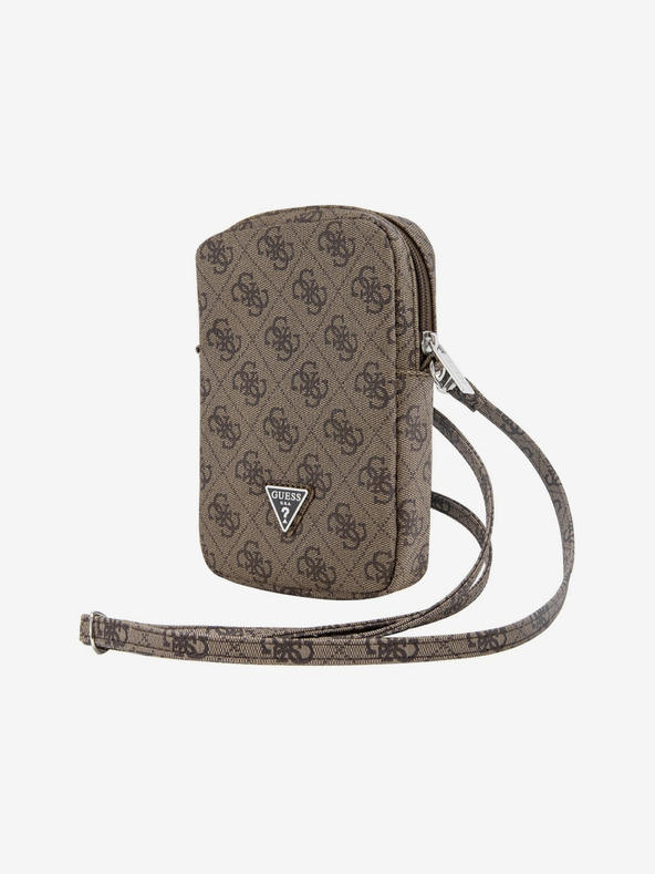 Guess Guess PU 4G taška na telefón s trojuholníkovým logom a zipsom hnedá