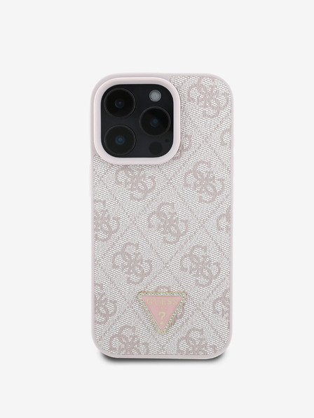 Guess Guess PU 4G štrasové trojuholníkové kovové logo zadný kryt pre iPhone 16 Pro ružový