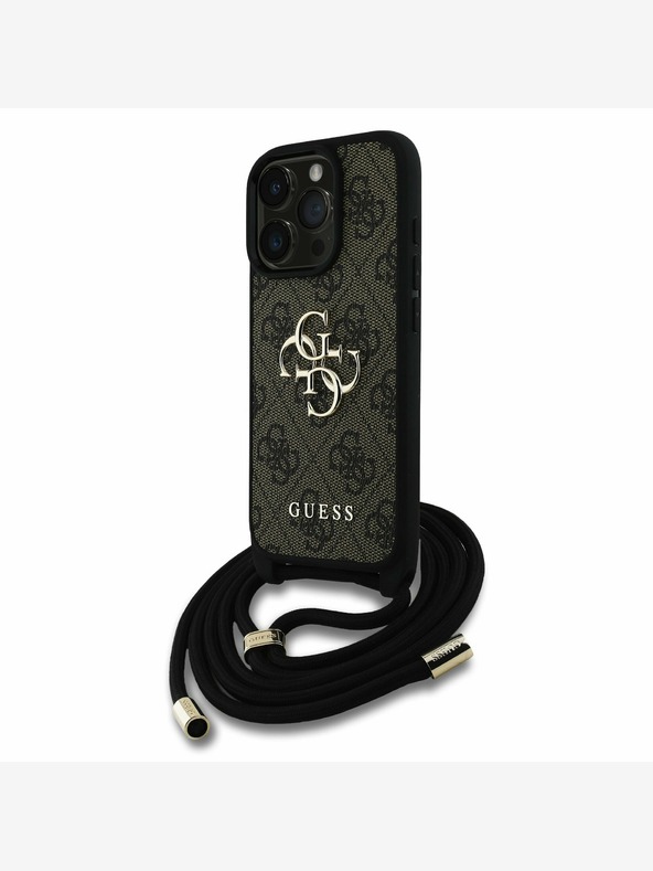 Guess Guess PU PU 4G kovové logo Crossbody Strap zadný kryt pre iPhone 15 Pro Max hnedý