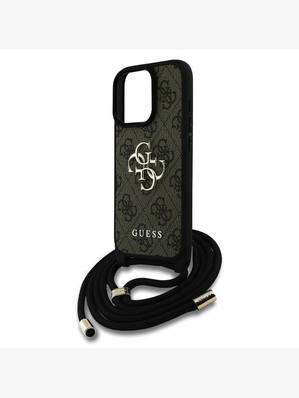 Guess Guess PU 4G kovové logo Crossbody Strap zadný kryt pre iPhone 16 Pro Max hnedý