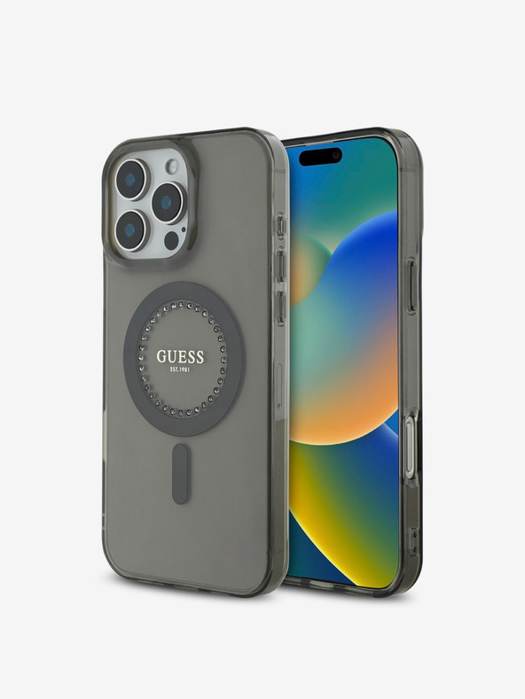 Guess Guess IML Ring MagSafe zadný kryt s kamienkami pre iPhone 16 Pro Max čierny