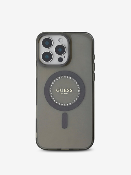 Guess Guess IML Ring MagSafe zadný kryt s kamienkami pre iPhone 16 Pro Max čierny