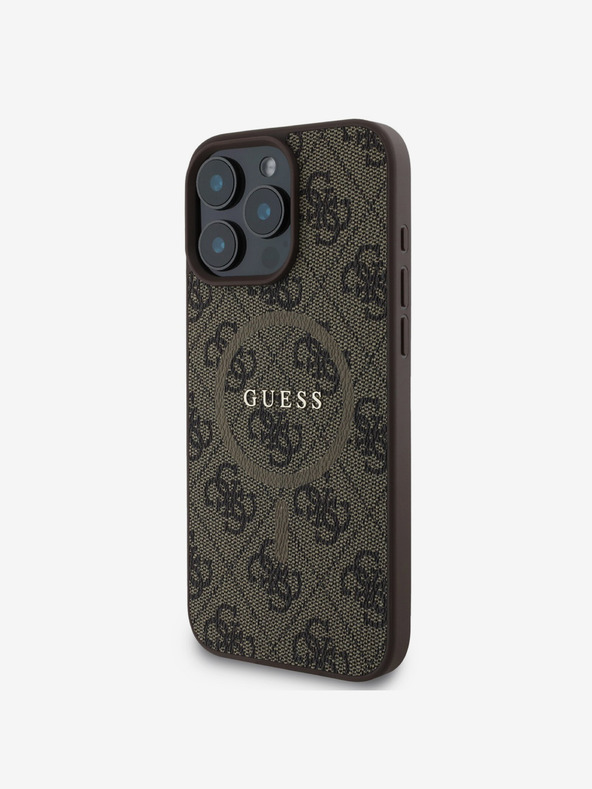 Guess Guess PU kožený 4G farebný prsteň MagSafe zadný kryt pre iPhone 16 Pro Max hnedý