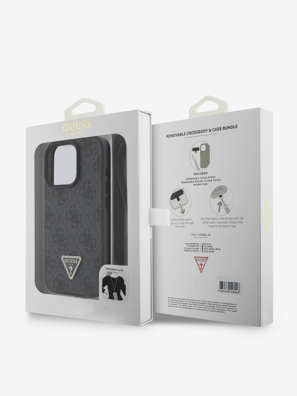 Guess Guess PU 4G Štrasové trojuholníkové kovové logo Zadný kryt + crossbody popruh pre iPhone 16 Pro Black