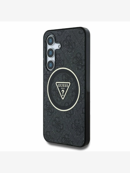 Guess Guess IML 4G zadný kryt s trblietkami a trojuholníkovým logom MagSafe pre Samsung Galaxy S25+ čierny