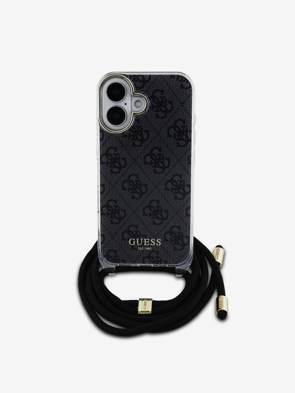 Guess Guess IML 4G zadný kryt s potlačou krížového remienka pre iPhone 16 čierny