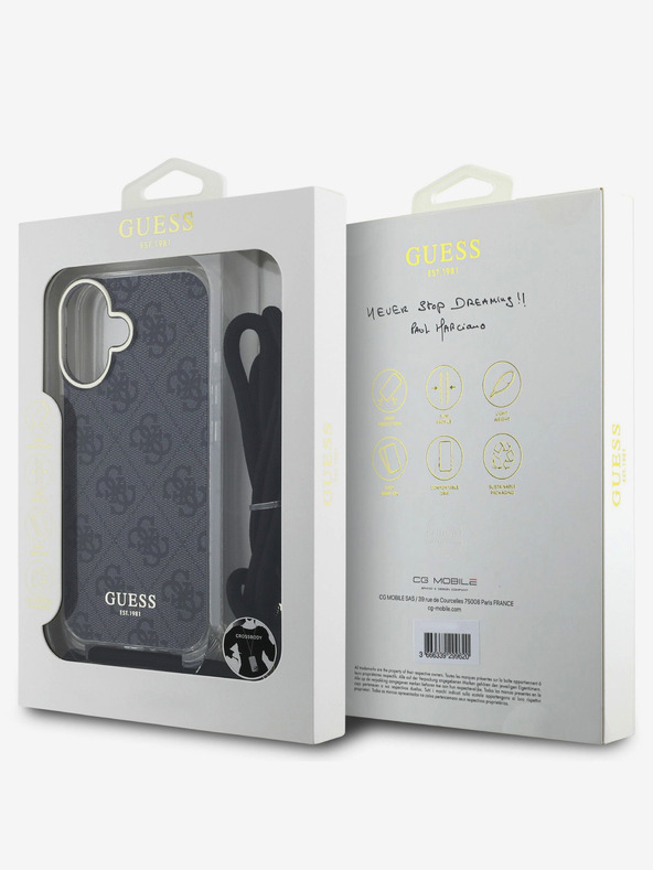 Guess Guess IML 4G zadný kryt s potlačou krížového remienka pre iPhone 16 čierny