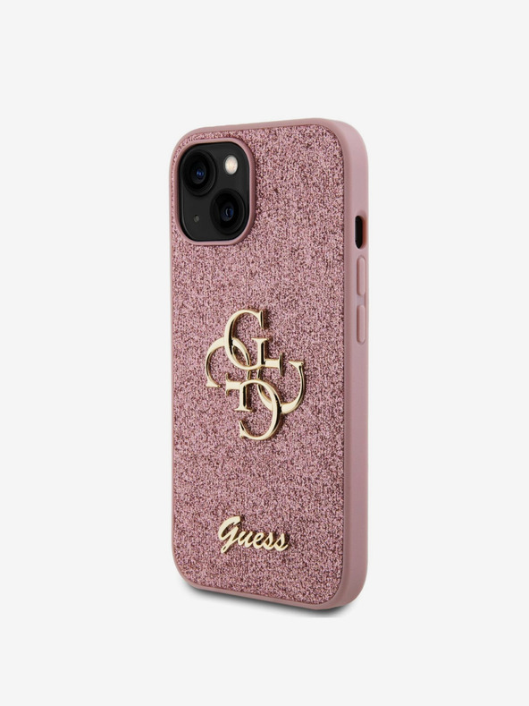Guess PU Fixed Glitter 4G Metal Logo Zadní Kryt pro iPhone 15 Pink Obal na telefón